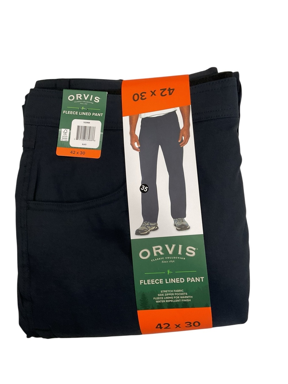 Orvis Mens Fleece Lined Pants Black Water Repellent Stretch Utility 42x30 NEW